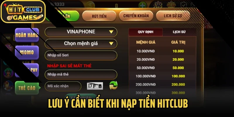 Lưu ý cần biết khi nạp tiền Hitclub